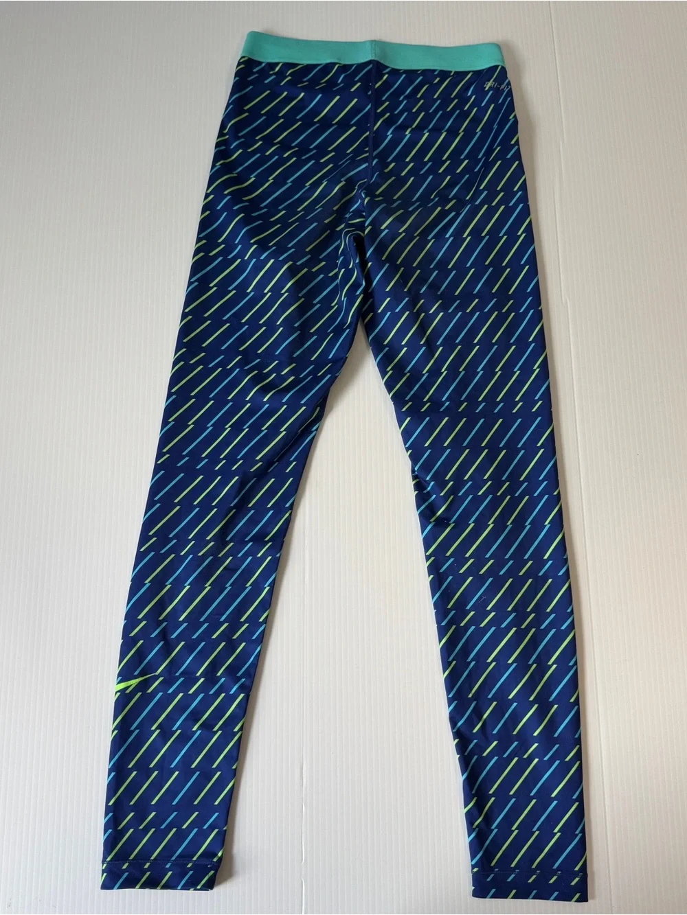 Nike Pro Dri-FIT Blue Green Neon Geometric Compression Leggings Athletic Yoga M